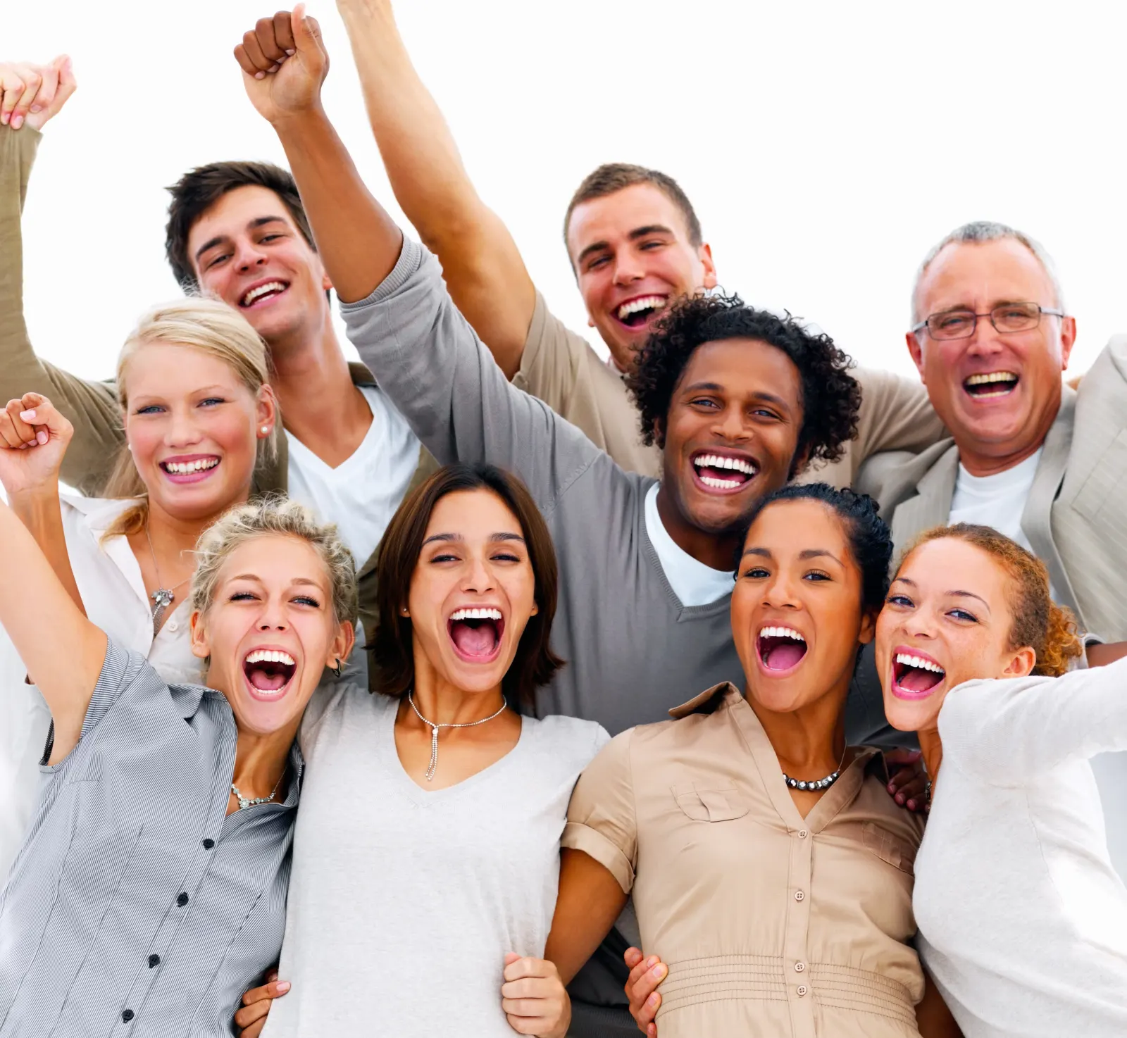 Group of cheerful adults laughing and raising their arms, reflecting an energy and vitality boost