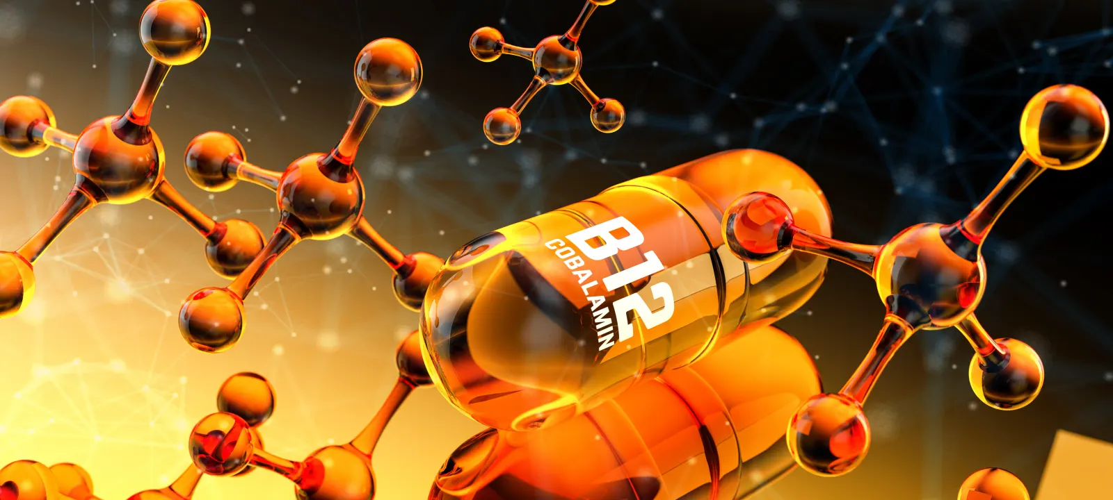 3D rendering of an amber B12 cobalamin supplement capsule among glowing molecule models