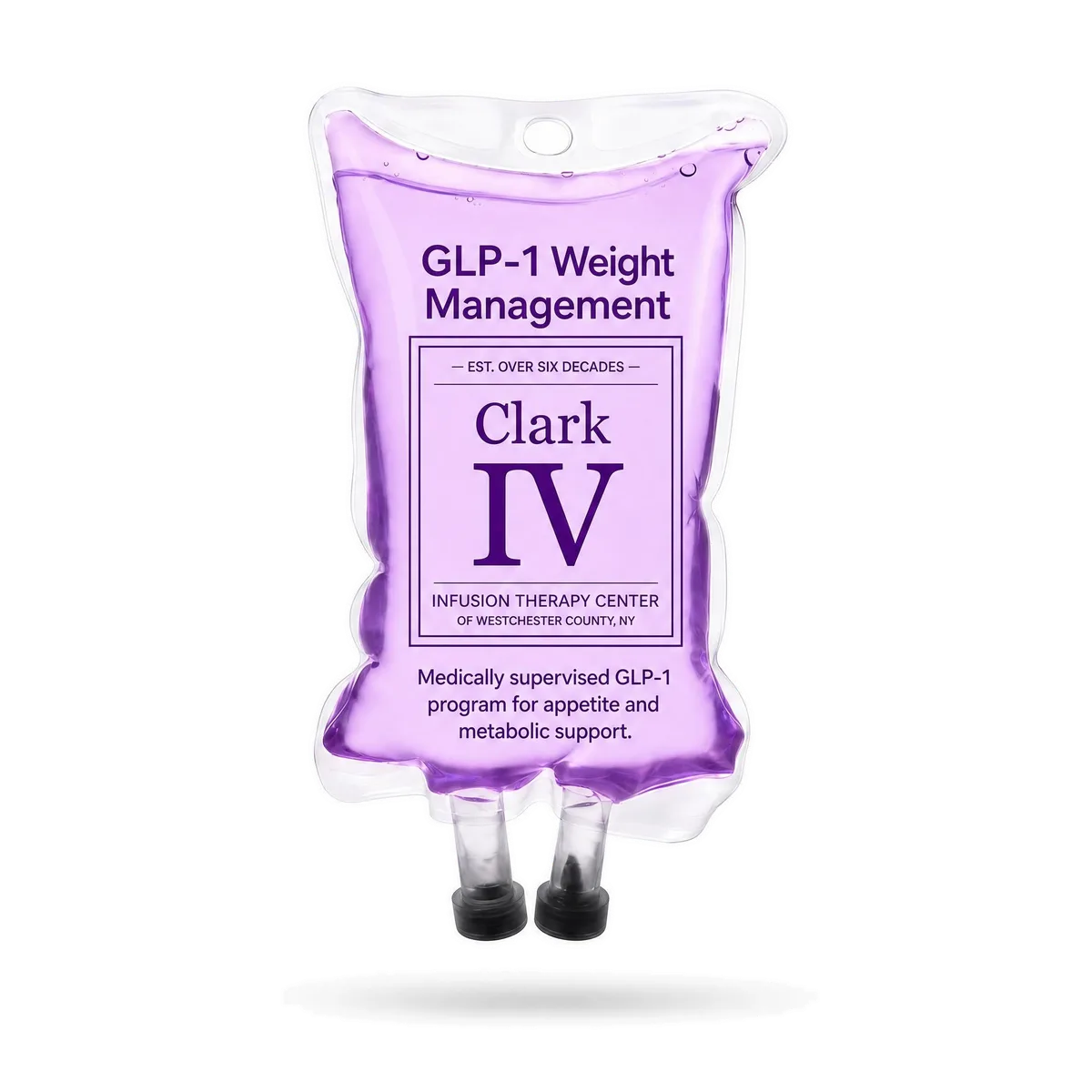 GLP-1 Weight Management IV drip bag labeled for Clark IV Infusion Therapy Center, shown on a white background