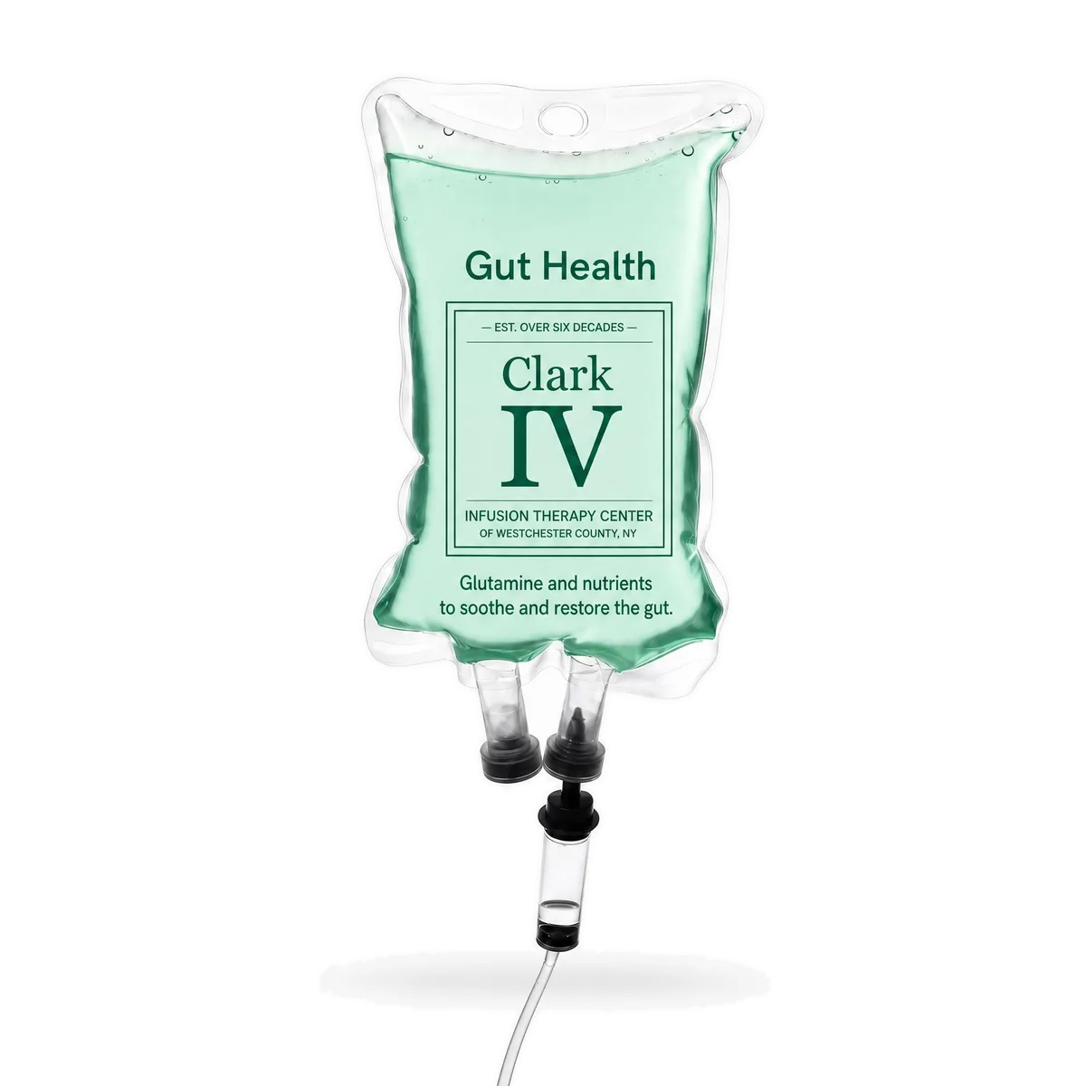 Gut Health IV drip bag labeled for Clark IV Infusion Therapy Center, shown on a white background