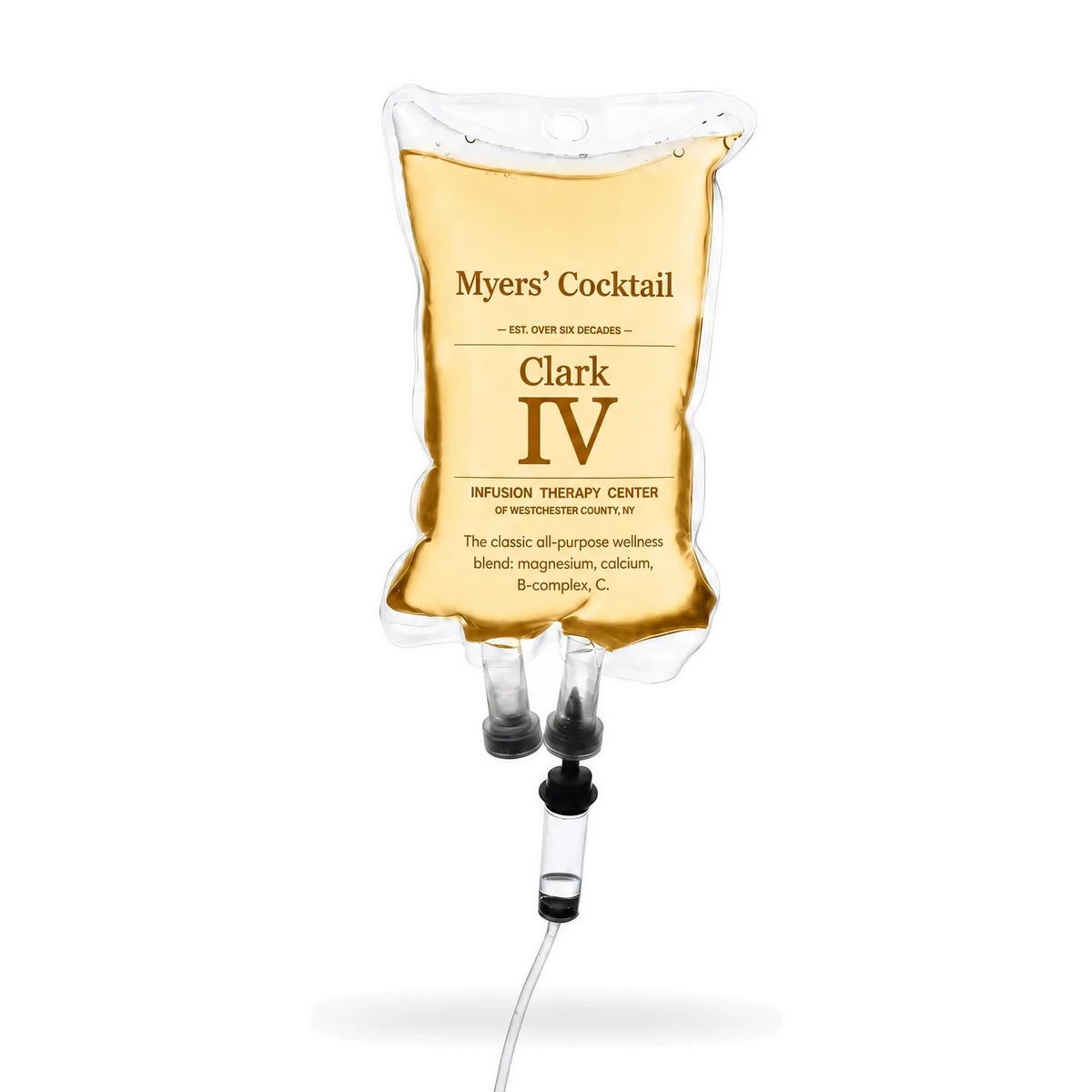 Myers' Cocktail IV drip bag labeled for Clark IV Infusion Therapy Center, shown on a white background