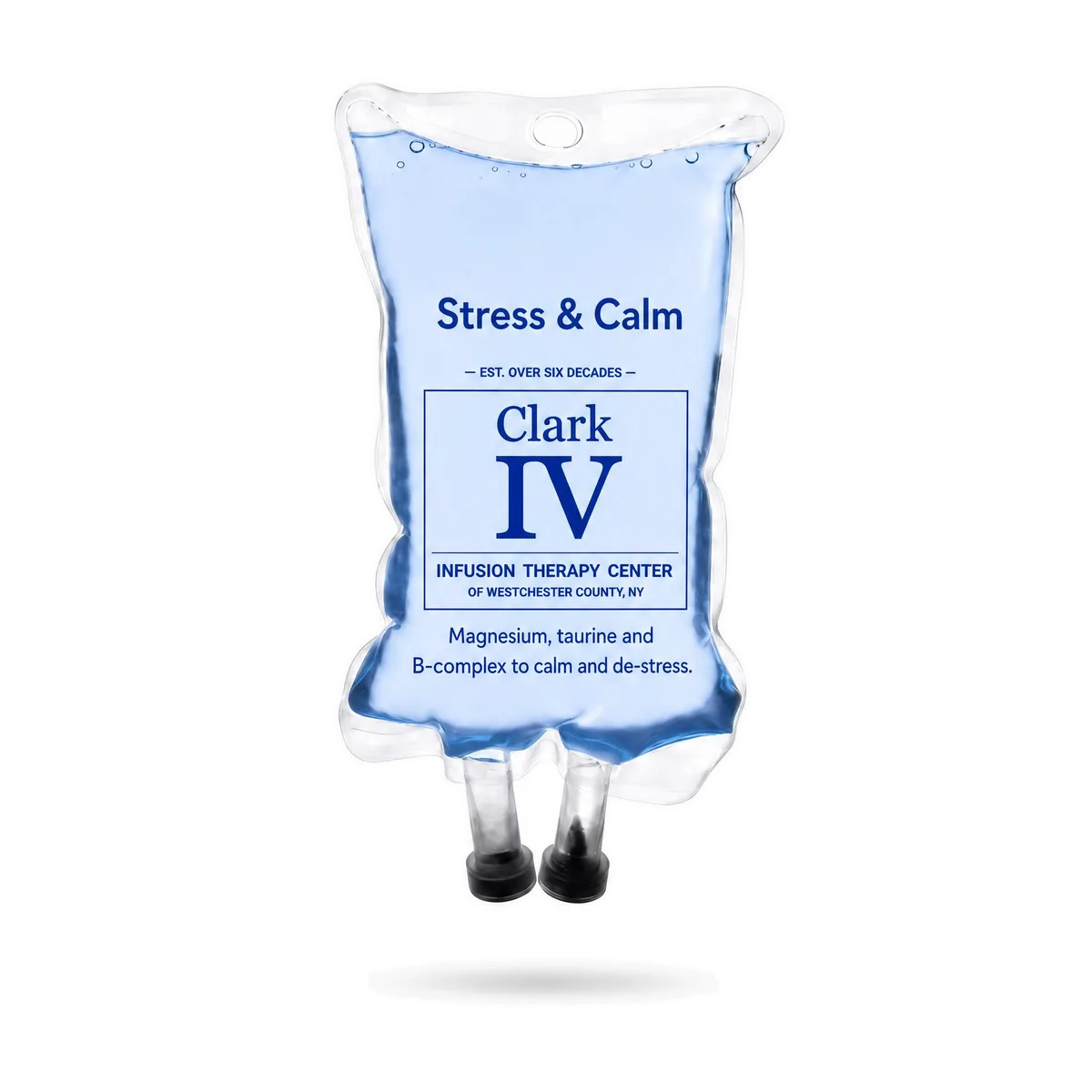 Stress & Calm IV drip bag labeled for Clark IV Infusion Therapy Center, shown on a white background