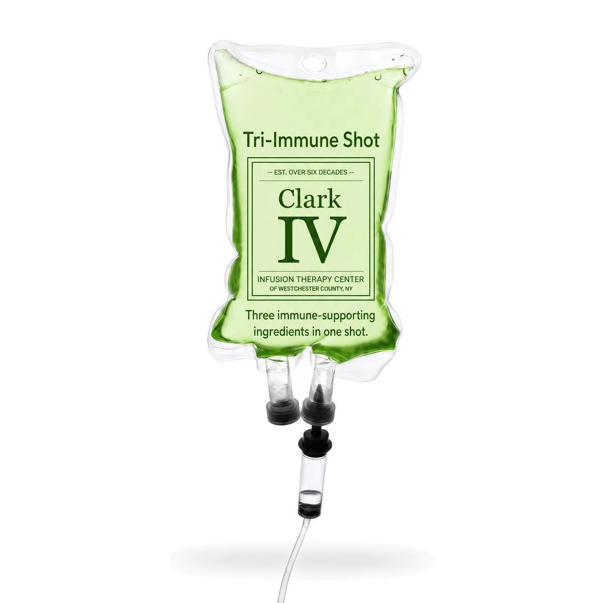 Tri-Immune Shot drip bag labeled for Clark IV Infusion Therapy Center, shown on a white background