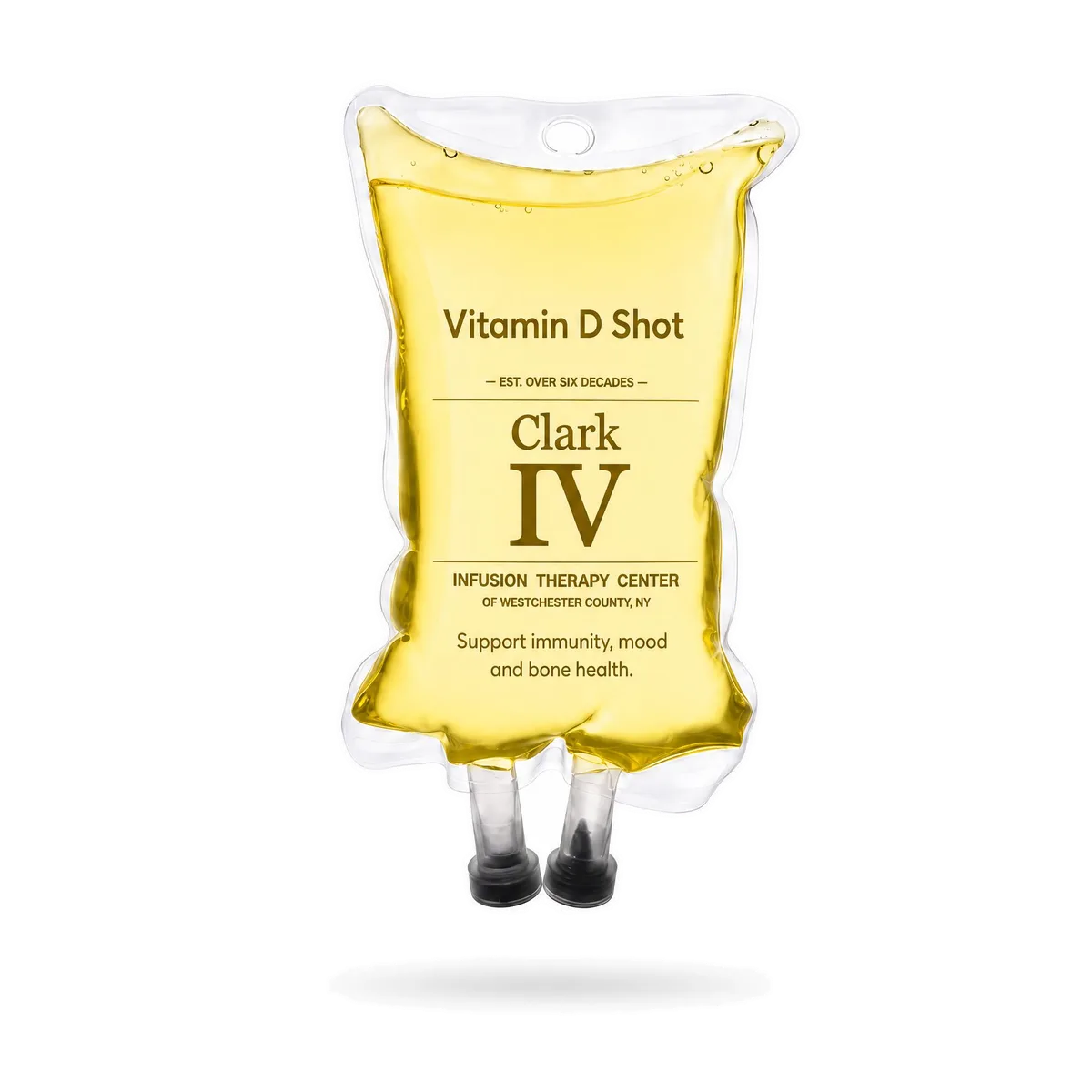 Vitamin D Shot drip bag labeled for Clark IV Infusion Therapy Center, shown on a white background
