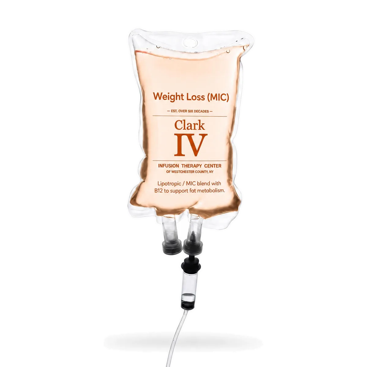 Lipotropic weight-loss IV drip bag labeled for Clark IV Infusion Therapy Center, shown on a white background