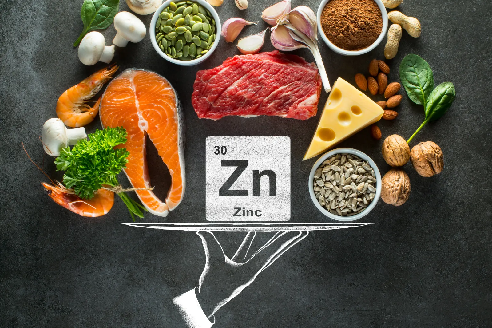 Zinc food sources like salmon, shrimp, beef and nuts arranged around the Zn periodic symbol