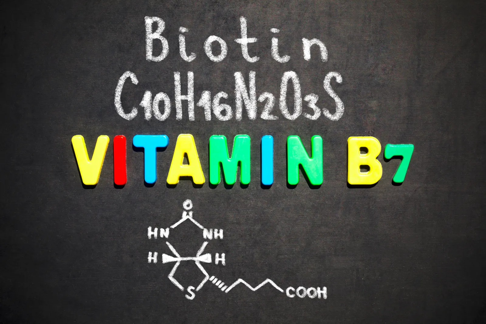 Chalkboard showing Biotin Vitamin B7 formula and molecule for radiant skin and hair support