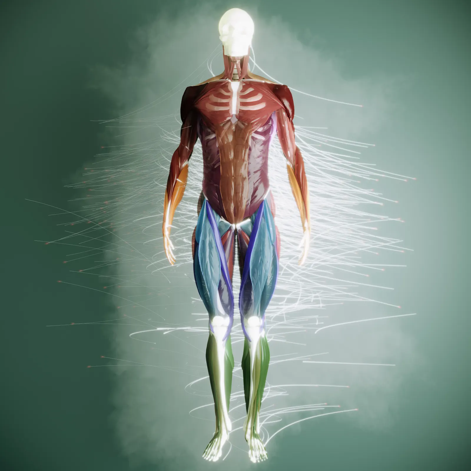 3D anatomy figure with glowing nerves and muscles showing whole-body wellness and immune vitality